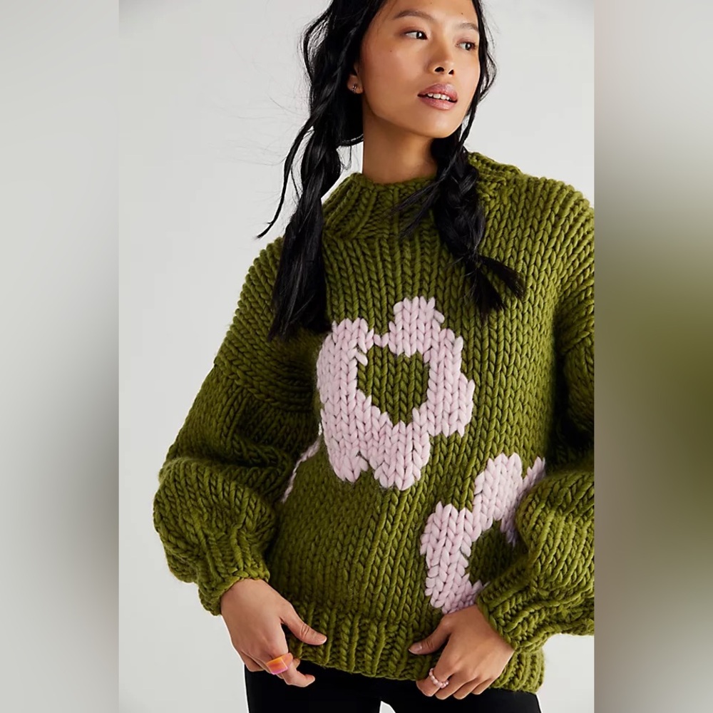 Free People The Knitter Whoopsie Daisy Pullover Chunky Knit Wool Sweater One Sz